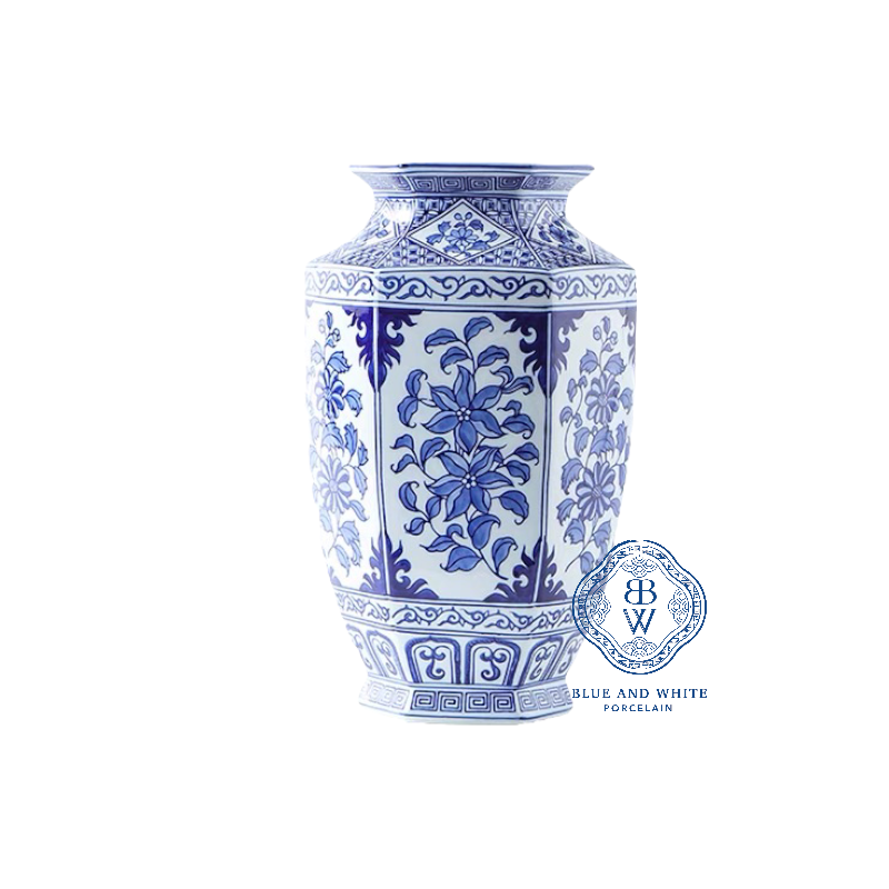 Hand-painted Hexagonal Vase with Oriental Flower Design (Half)