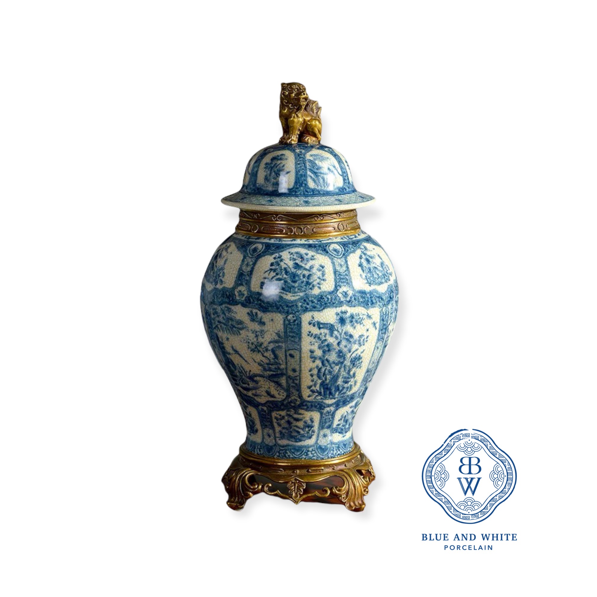 Hand-painted Temple Jar with Brass Foo Dog