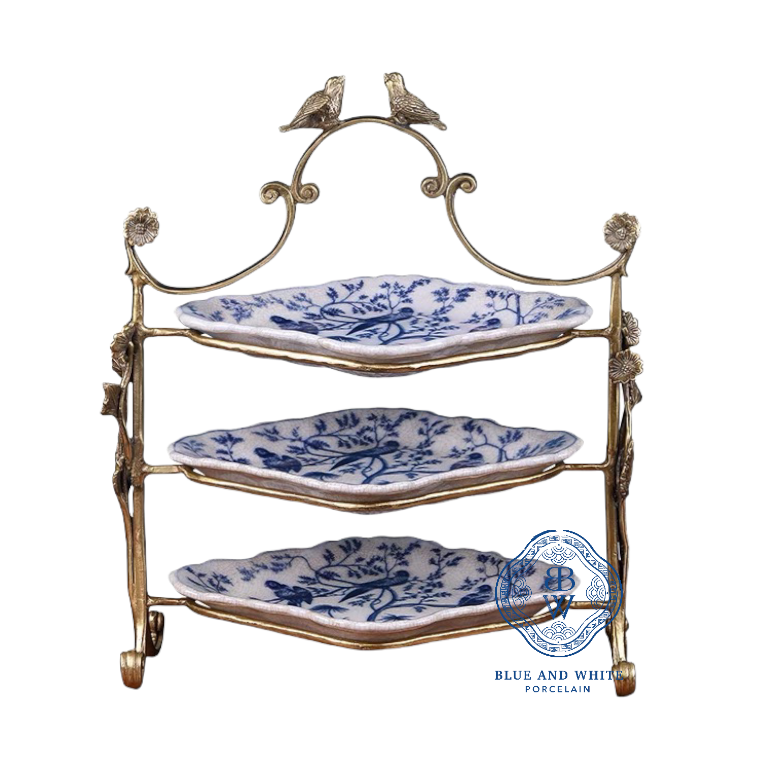 Hand-painted Three Tiers Diamond Plate Stand with Brass Frame