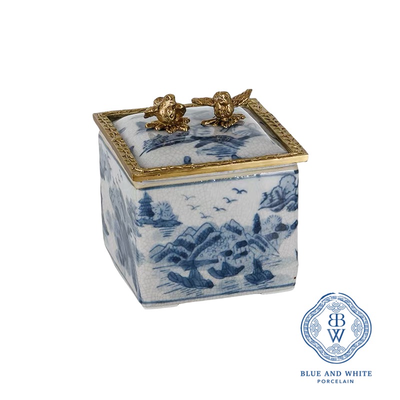 Hand-painted Landscape Decorative Box with Brass Base 