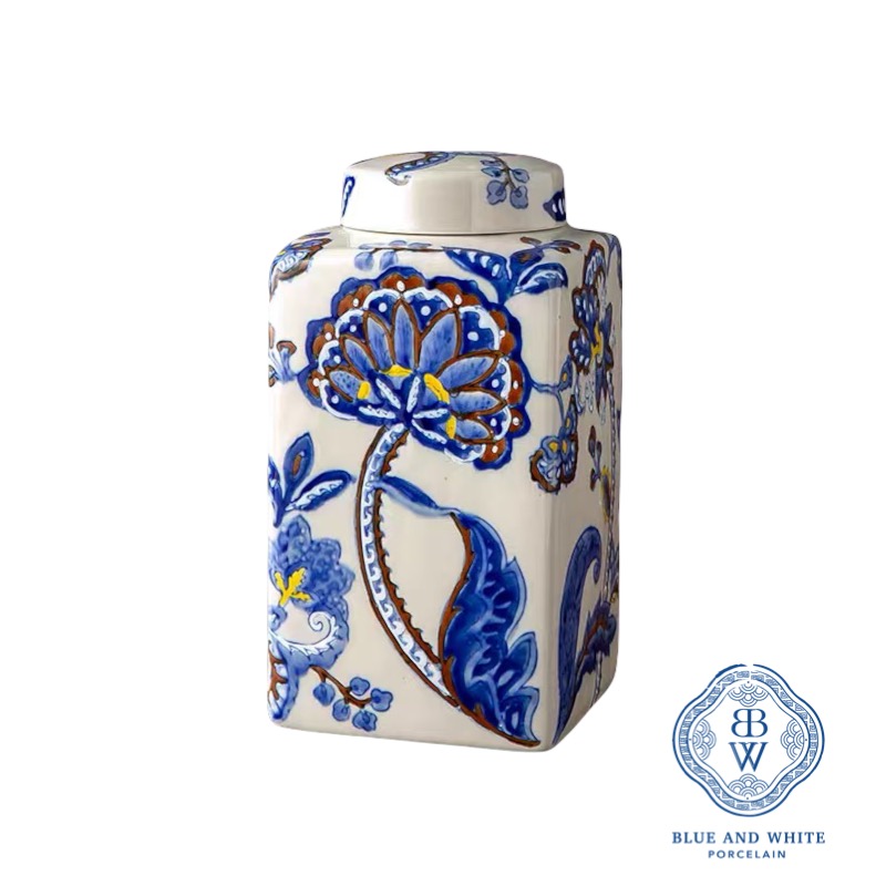 Square Ginger Jar with Flower Design 