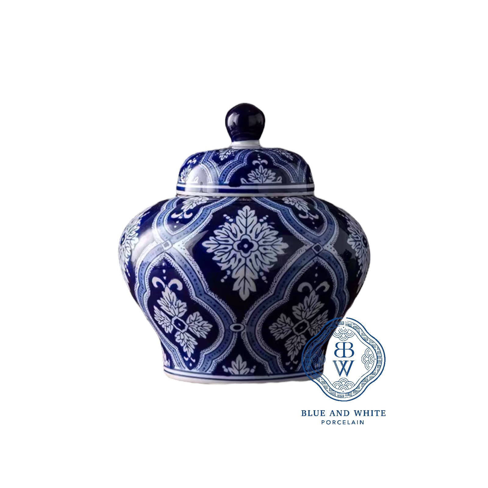 Navy Quatrefoil Flower Temple Jar