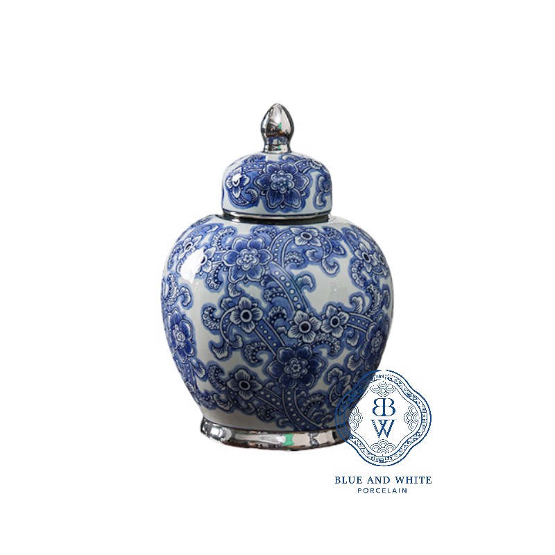 Oriental Flower Ginger Jar with Silver-plated Detailing