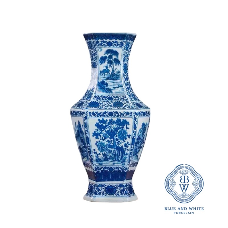 Oriental Peacock Pattern Hexagonal Vase 