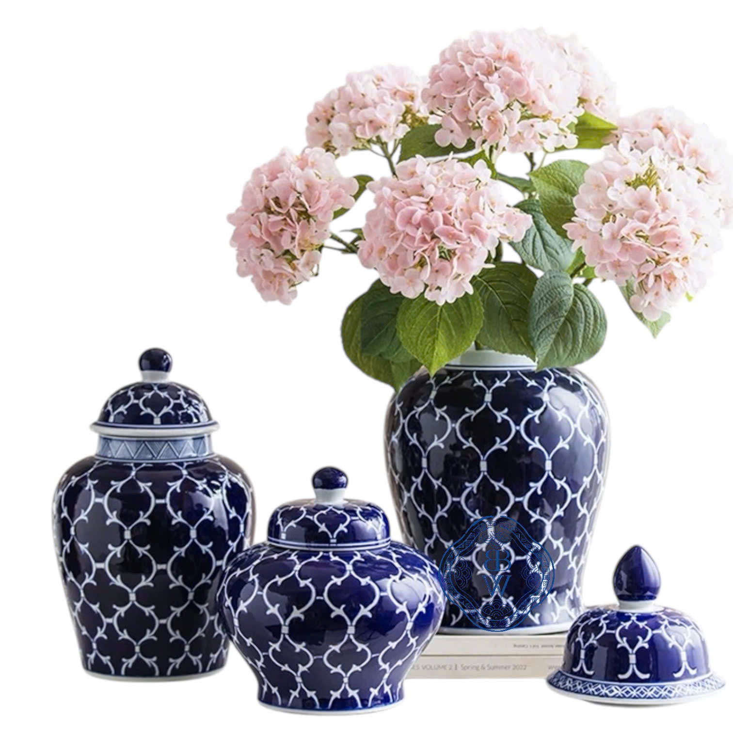 Temple Jar Xanh Navy Quatrefoil - M Size